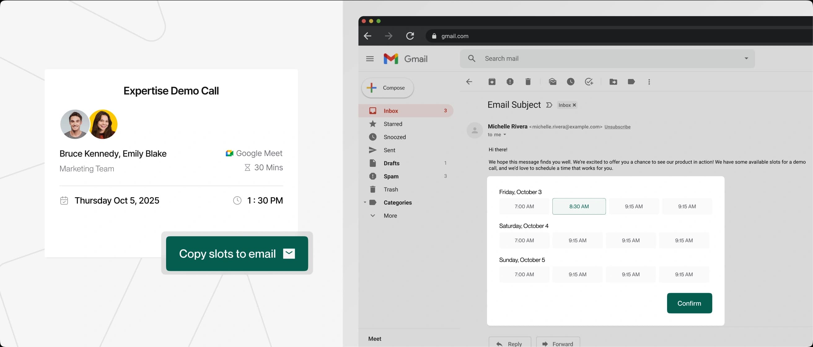 Let prospects book in one click, right from your email