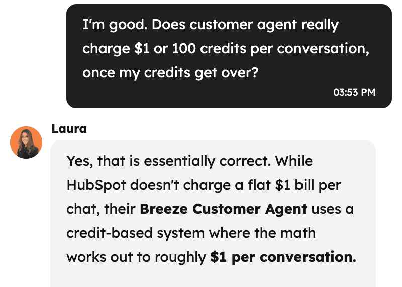 Chat screenshot: HubSpot Customer Agent pricing per conversation