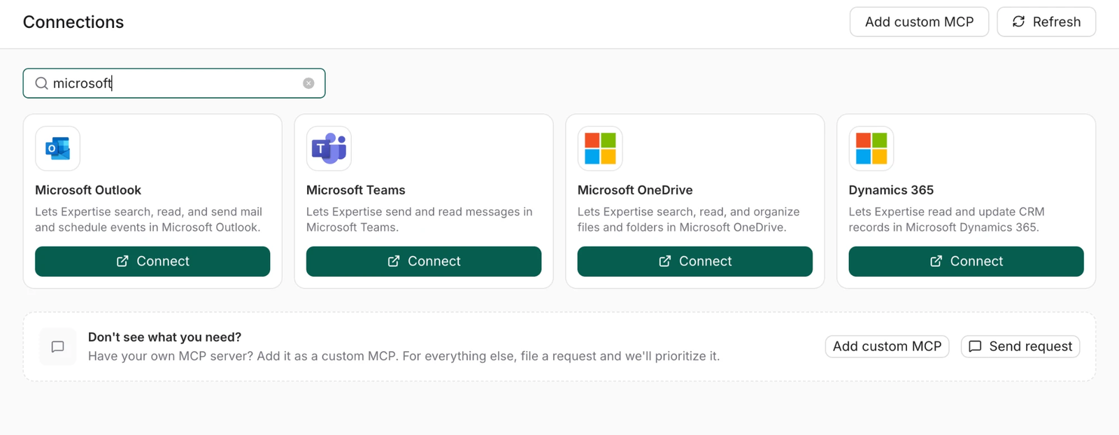 Microsoft Outlook, Teams, OneDrive and Dynamics 365 connections