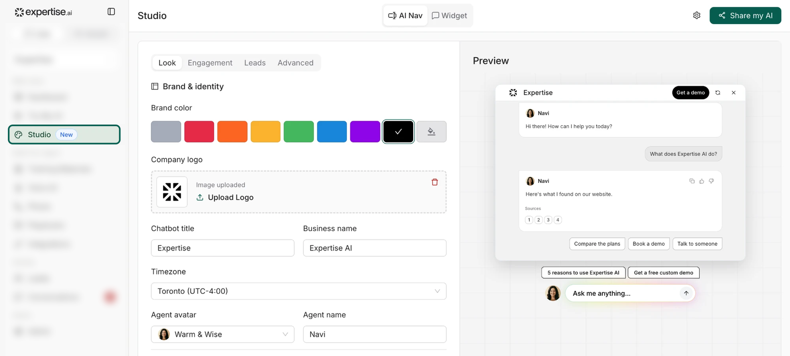 Widget Studio with brand color, logo and a live preview