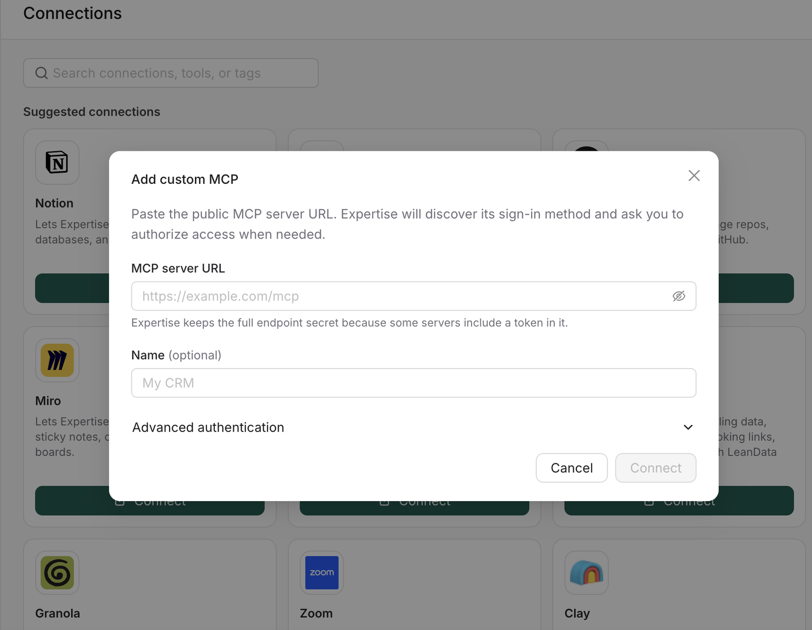 Adding a custom MCP server from the Connections page