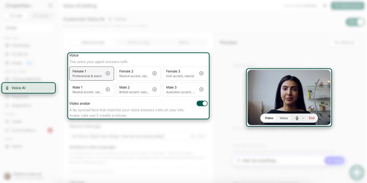 Voice AI settings with the video avatar switched on