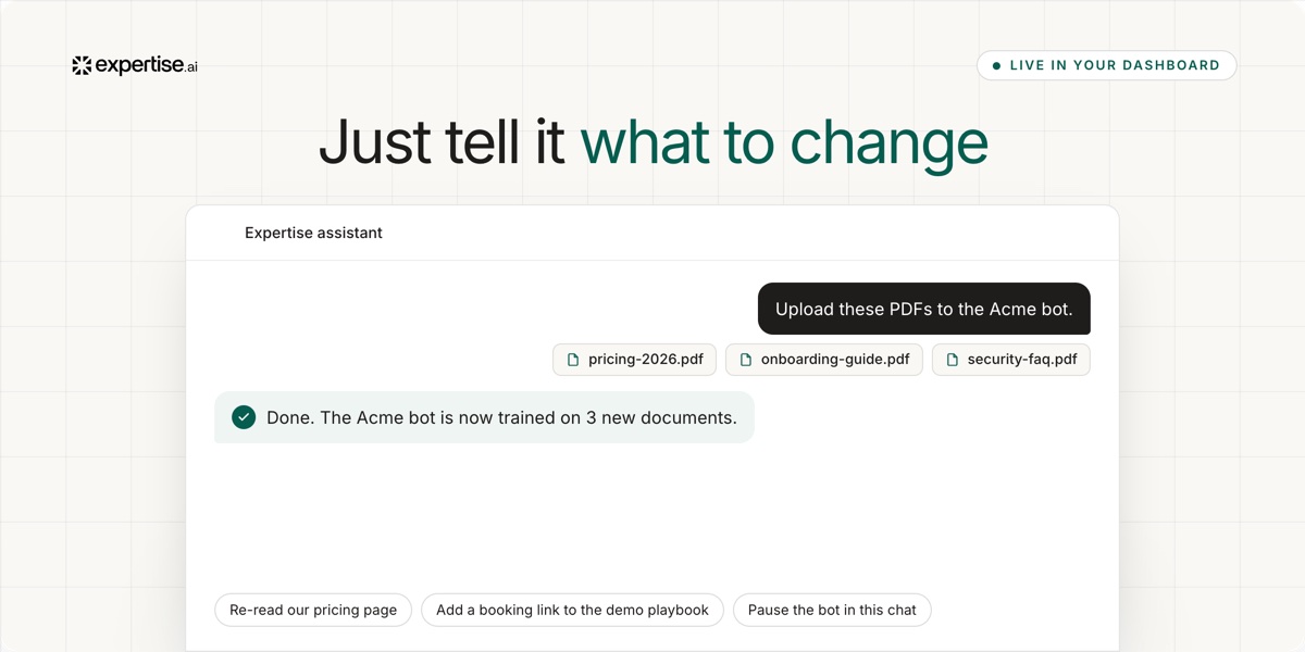 Asking the Expertise AI agent to train a website agent on new PDFs