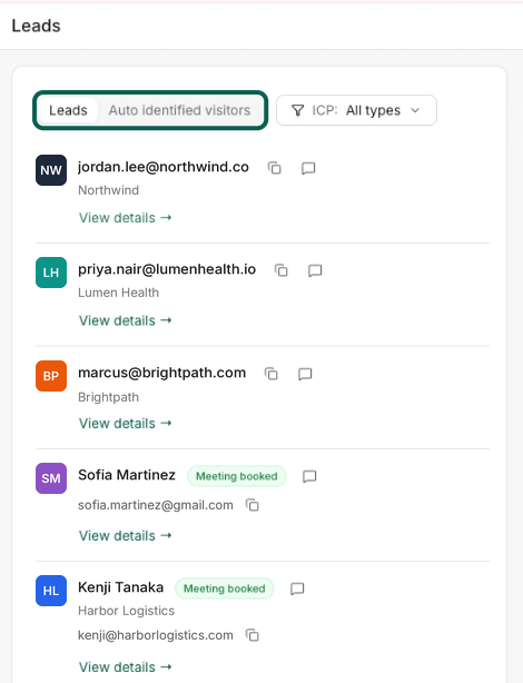 The redesigned Leads page with leads, meeting-booked badges and an ICP filter